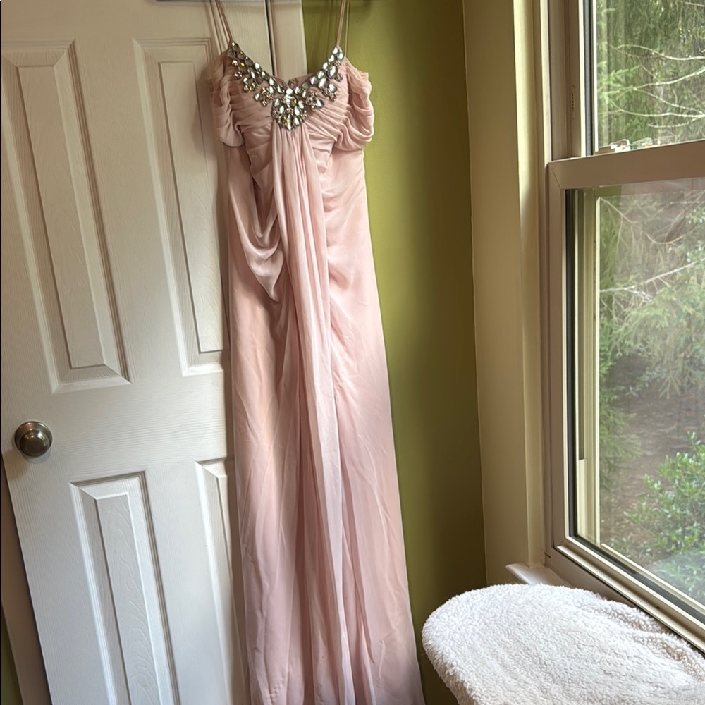 JM Collection Gemstone Neckline Pink Gown